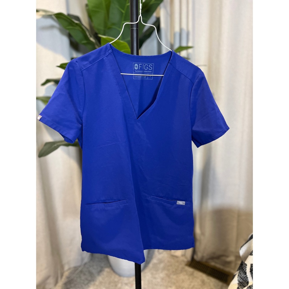 Figs Technical Collection Royal Blue V-Neck Scrub Top Womens Small FIONx Fabric